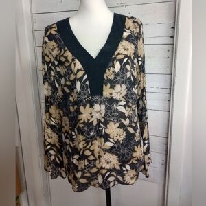 Lane Bryant Womens 14/16 Silk Blouse Black Beige Floral Print V-Neck Long Sleeve